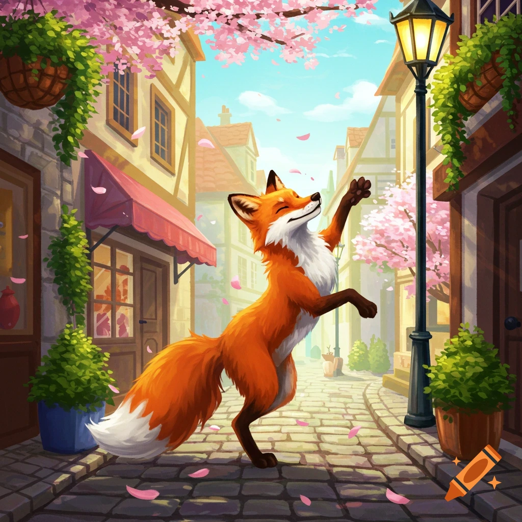 A happy, orange-and-white cartoon fox dances on a cobblestone street, reaching up as pink cherry blossoms fall around a street lamp.