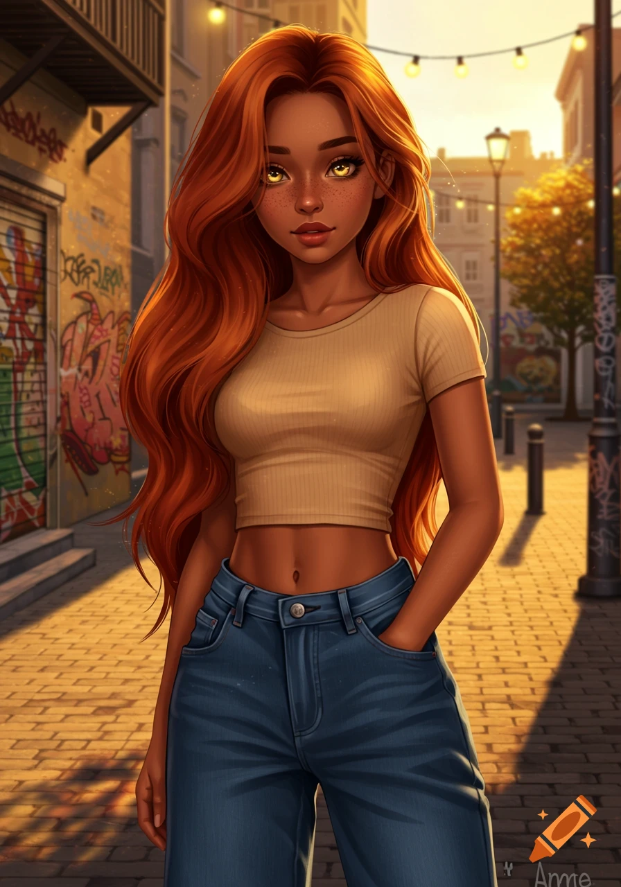 A girl with long red hair, freckles, and yellow eyes wears a crop top and jeans, standing on a sunny urban street with graffiti-covered walls.