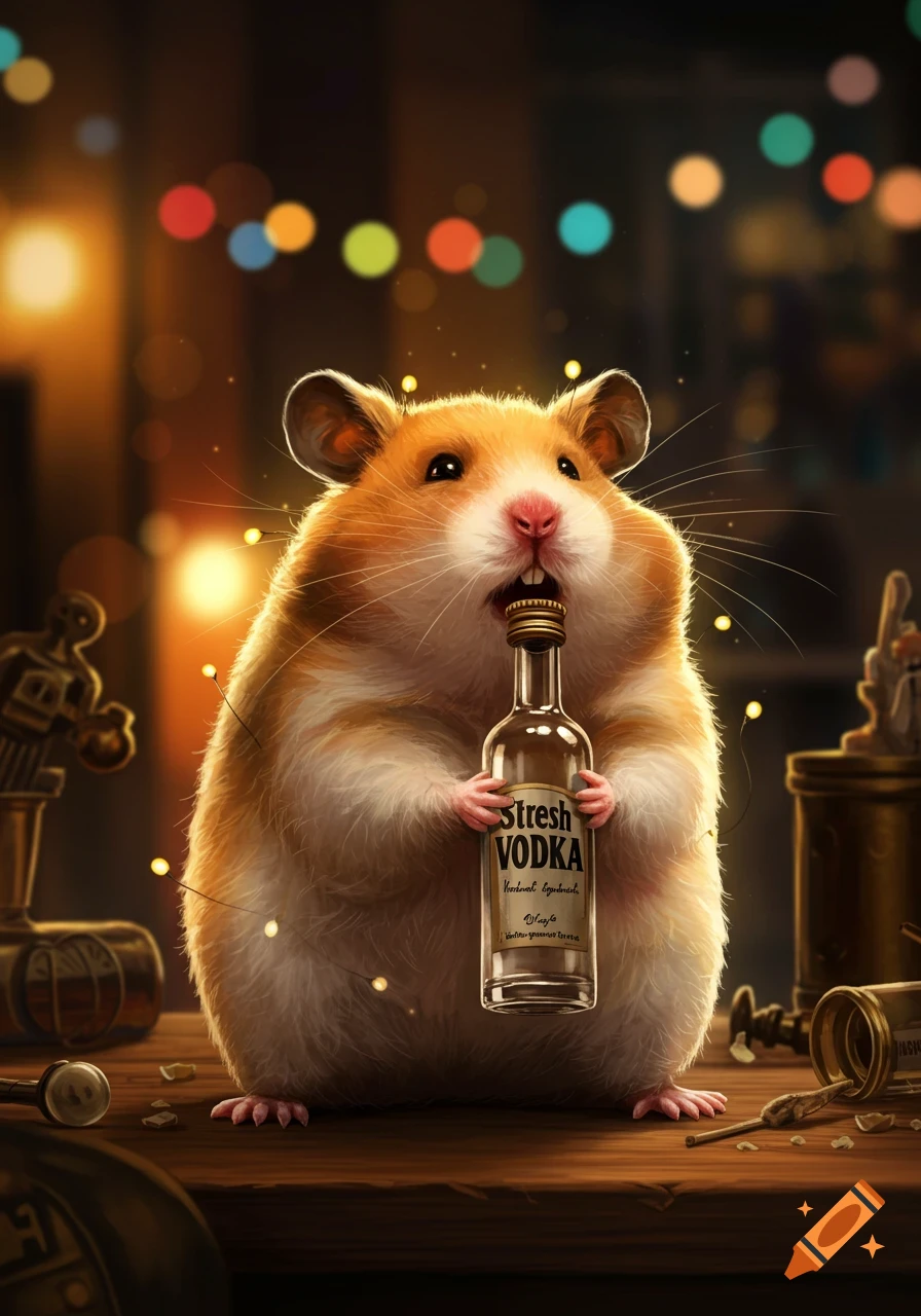 A cute, fluffy hamster holding a miniature bottle of "Stresh Vodka" on a wooden bar, with festive bokeh lights in the background, digital art.
