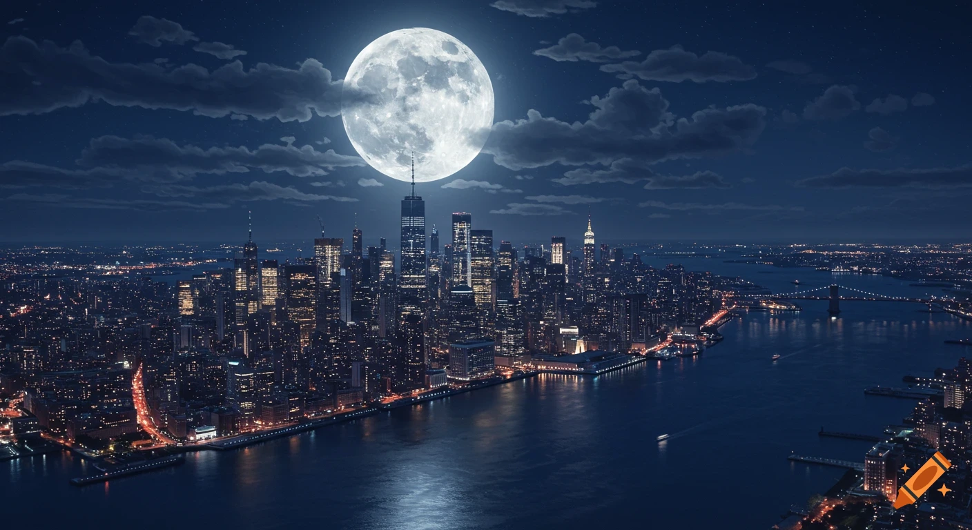 Aerial view of a brightly lit New York City skyline at night under a huge full moon.