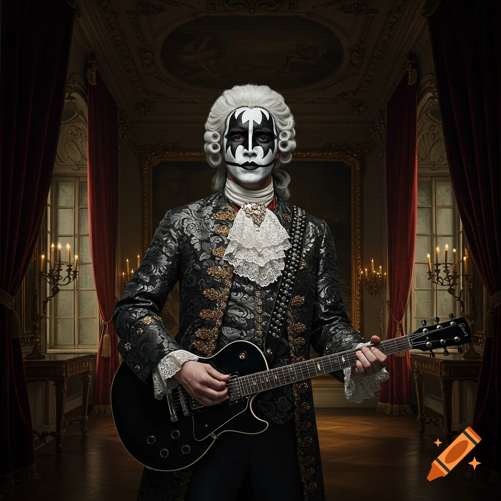 A man in a powdered wig, elaborate baroque costume, and KISS-style 'Demon' face paint plays an electric guitar in a dimly lit, ornate room.
