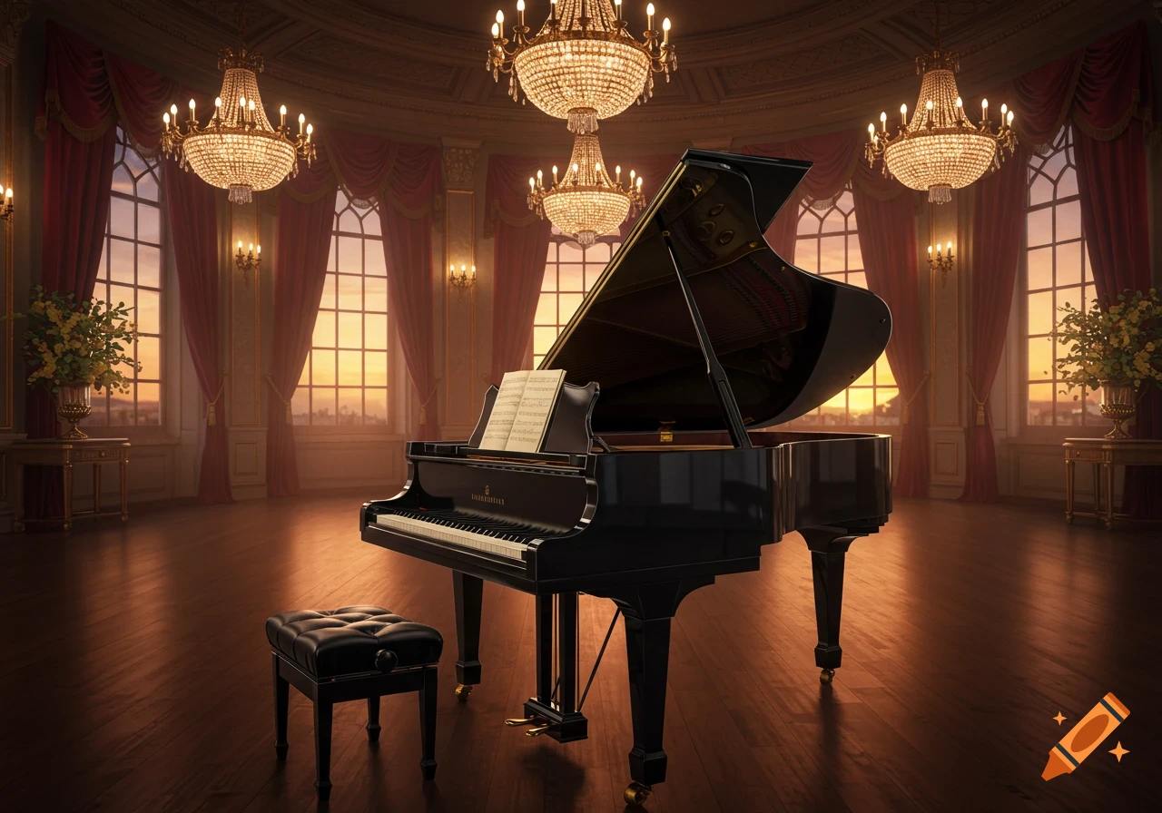 A black grand piano with sheet music in a luxurious ballroom with crystal chandeliers and large windows at sunset.