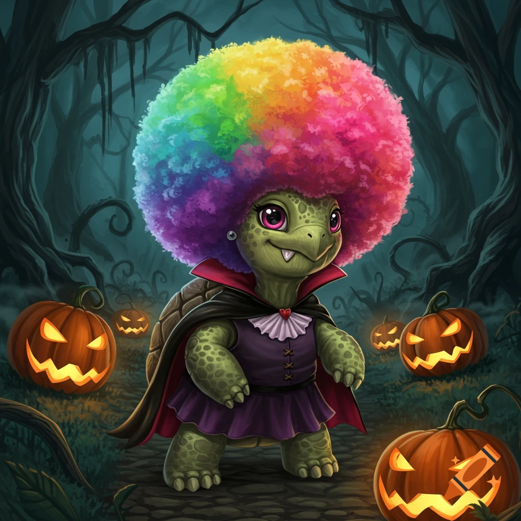 Cute cartoon turtle vampire with a rainbow afro in a spooky forest with glowing jack-o'-lanterns.