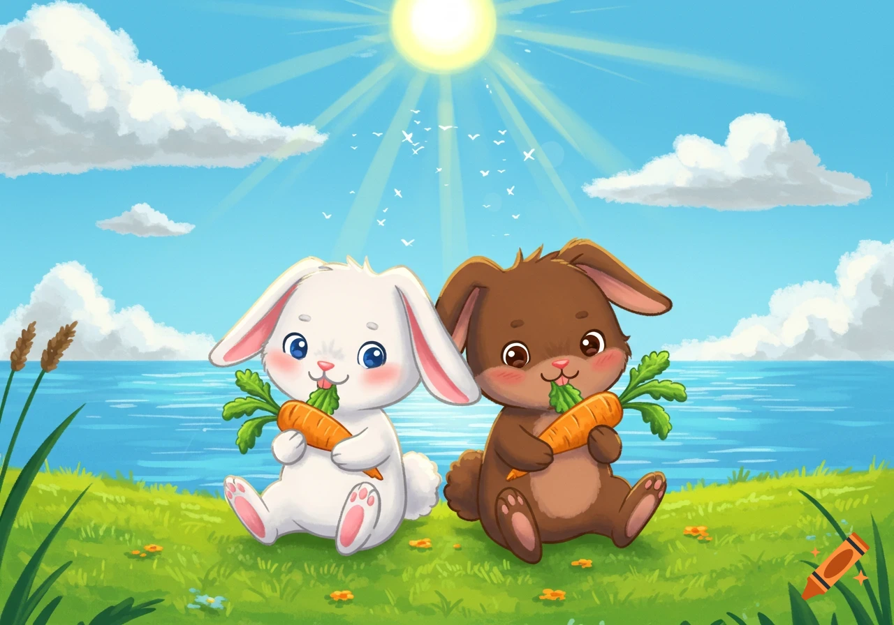Two cute cartoon bunnies eat carrots on green grass by a bright blue lake under a sunny sky.