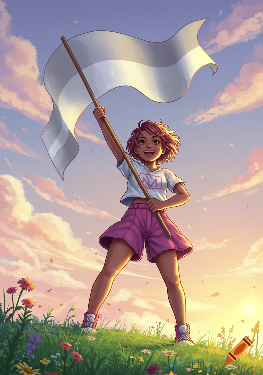 A smiling girl with pink hair holds a grey and white flag in a wildflower field under a colorful sky, in a vibrant illustration style.
