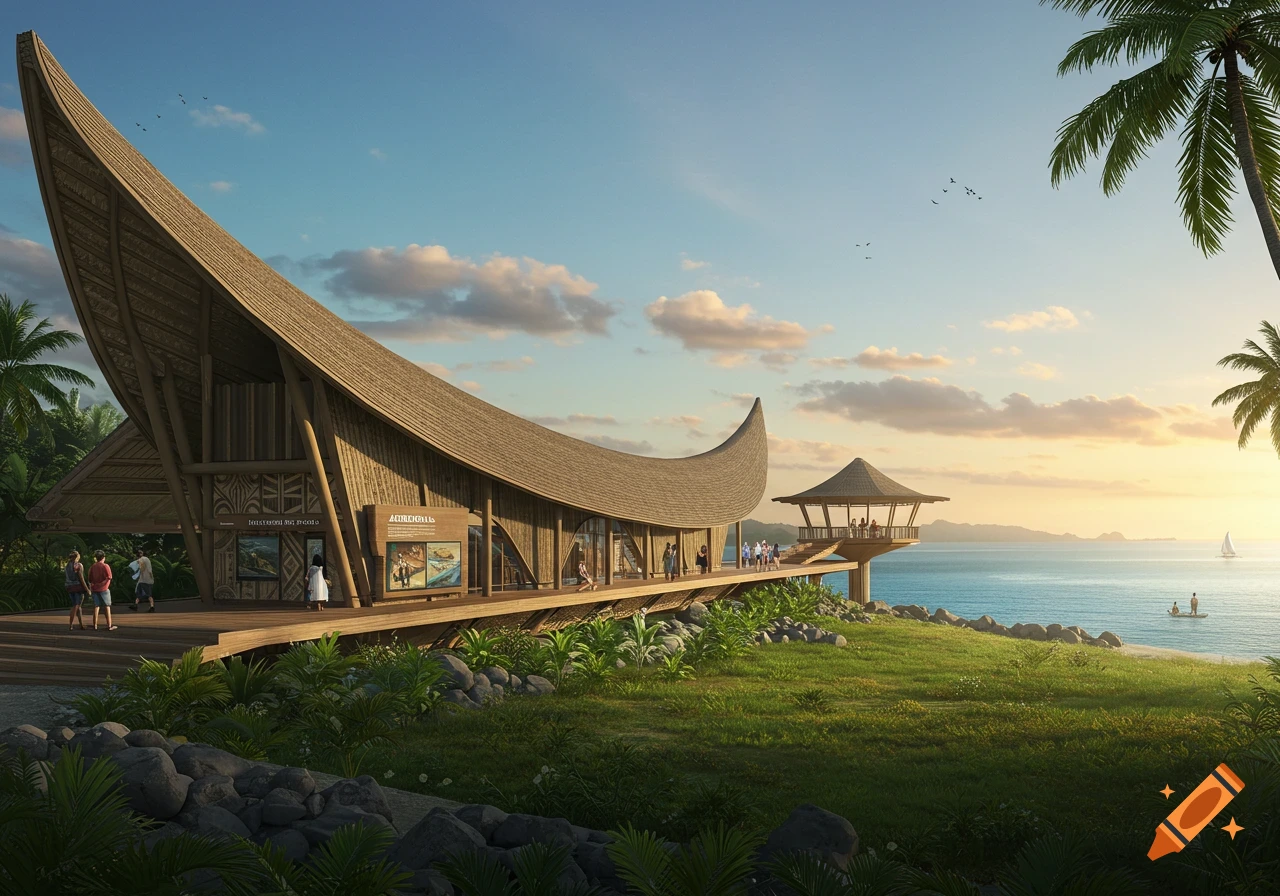 Photorealistic image of a long, curved, wooden building with a boat-like roof overlooking a tropical ocean at sunset with palm trees.