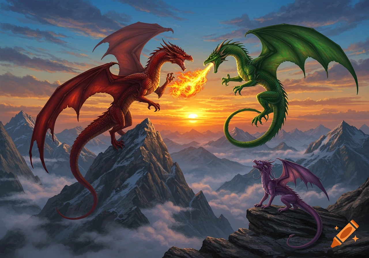 Red and green dragons fight with fire breath over mountains at sunset, a smaller purple dragon watches from a peak in fantasy art style.