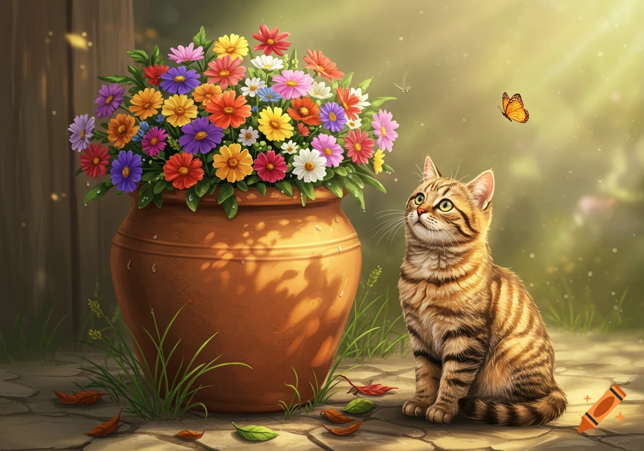Illustrated tabby cat looking up at an orange butterfly, sitting next to a large pot of colorful flowers in a sunny garden.