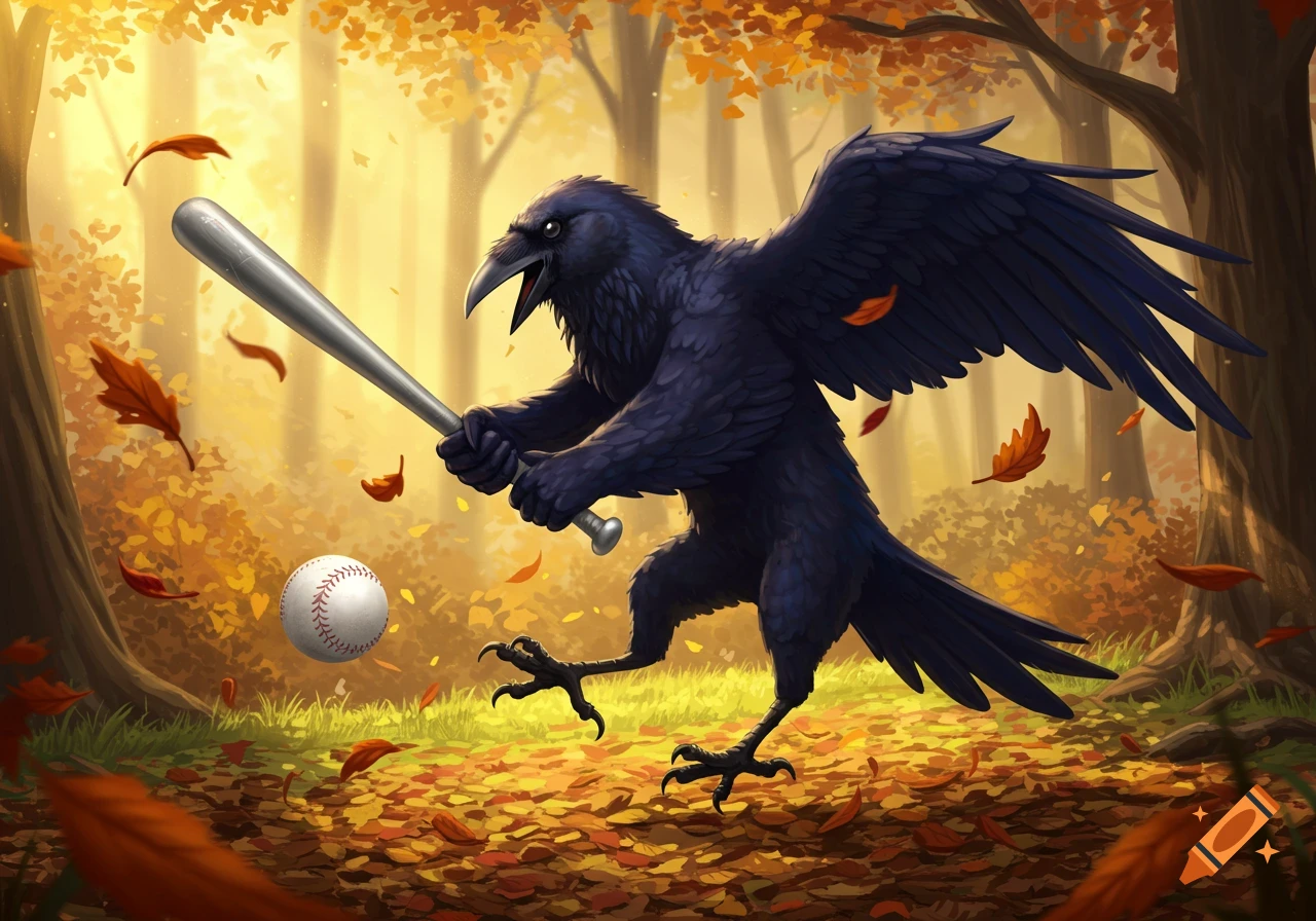 An illustrated raven swings a baseball bat in an autumn forest with a baseball on the ground.