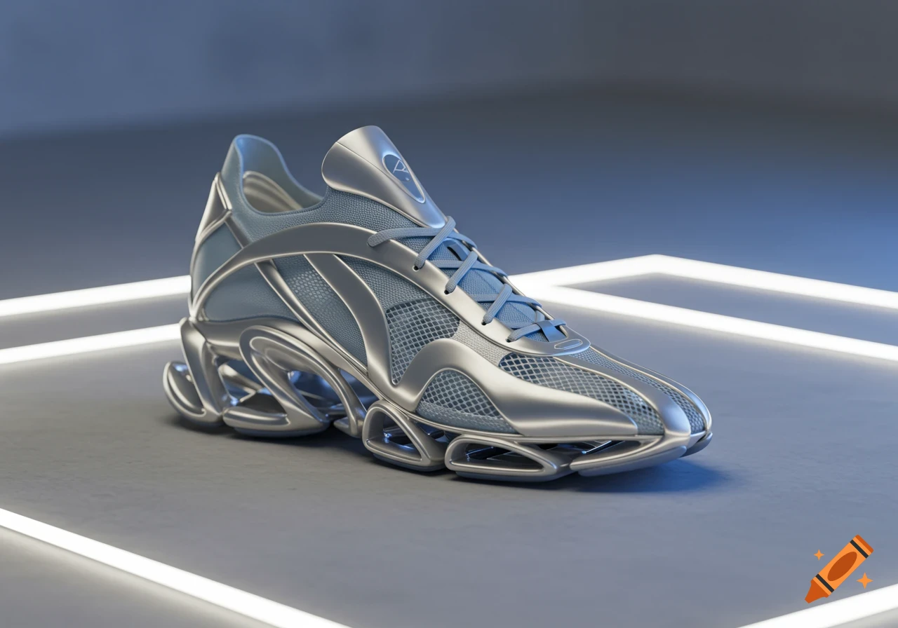 Futuristic silver and light blue sneaker with a complex sole on a glowing white platform in a studio.