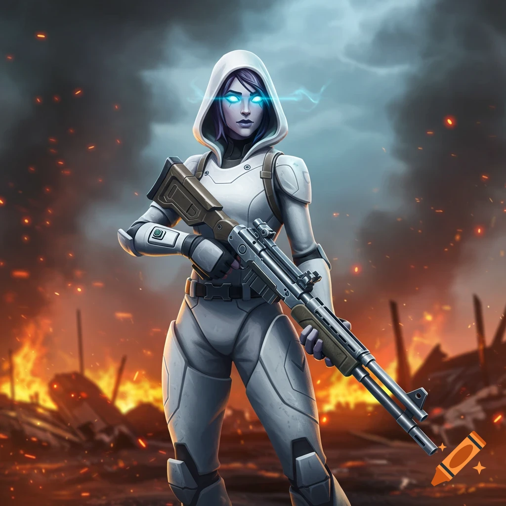 A stylized female character in a white hooded suit with glowing blue eyes, holding a rifle in a burning landscape.