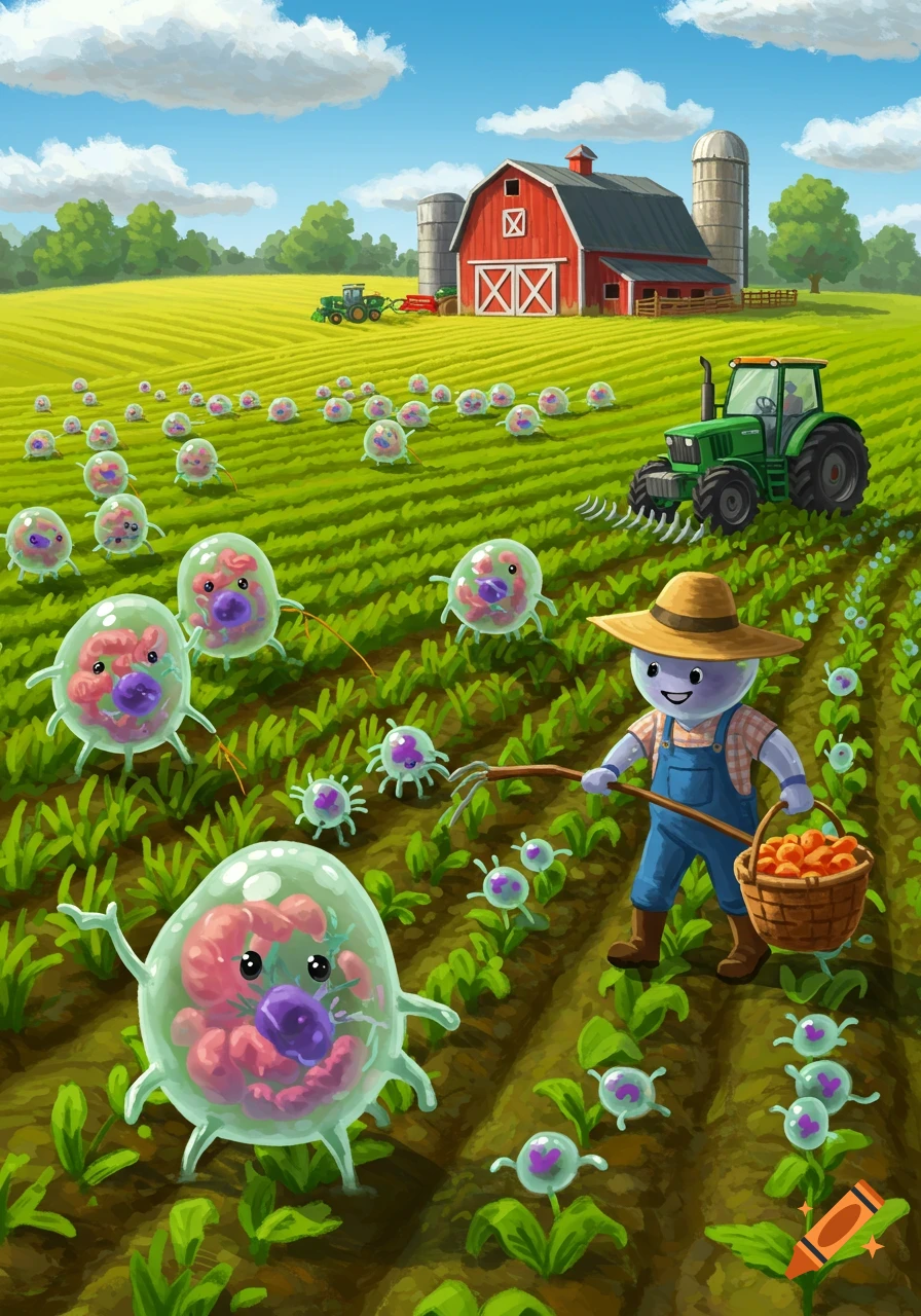 A whimsical cartoon farm scene where a cell-like farmer harvests large, translucent cells in a field with a red barn and tractors.