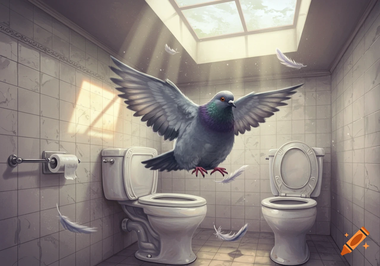 A large pigeon flies with outstretched wings inside a white tiled bathroom with two toilets and a skylight, digital art.