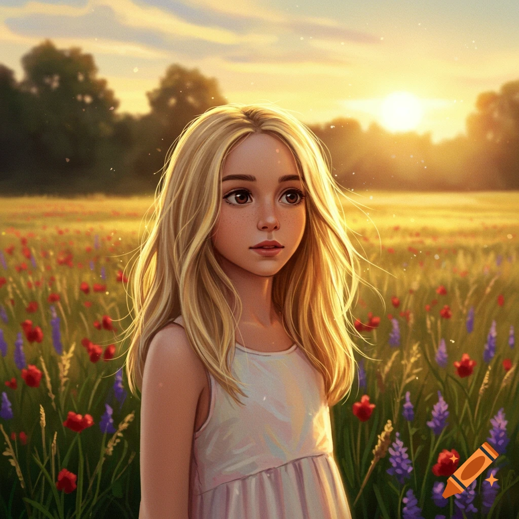 Digital painting of a blonde girl with freckles standing in a vibrant wildflower field at sunset.