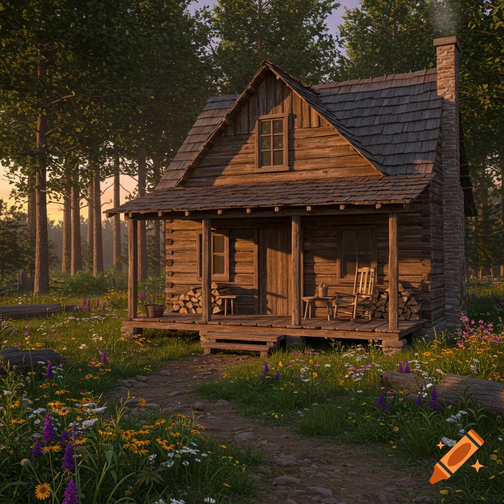 A rustic wooden log cabin with a stone chimney sits in a vibrant wildflower meadow surrounded by a dense forest at sunset.