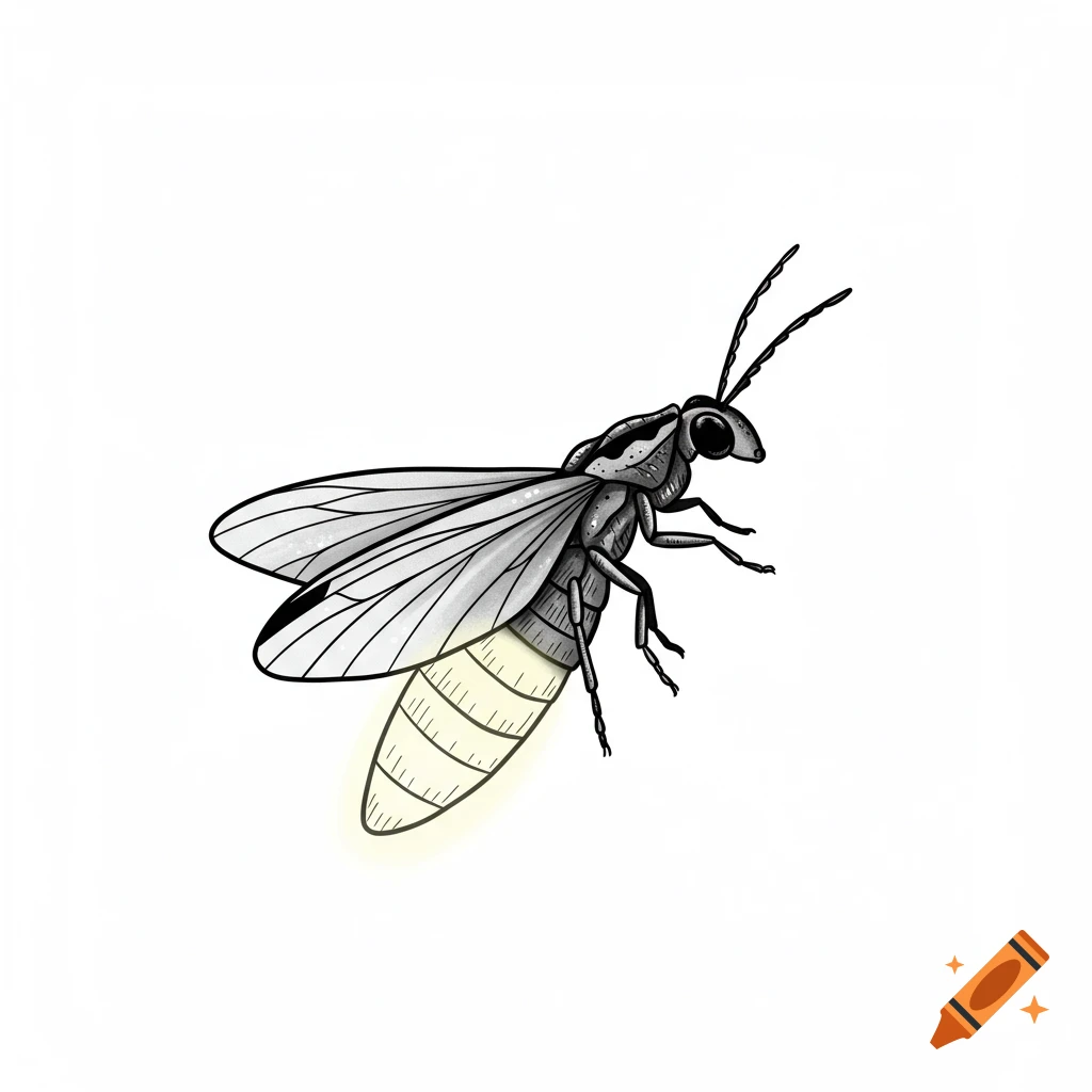 A grayscale illustration of a firefly with a glowing yellow abdomen against a white background.