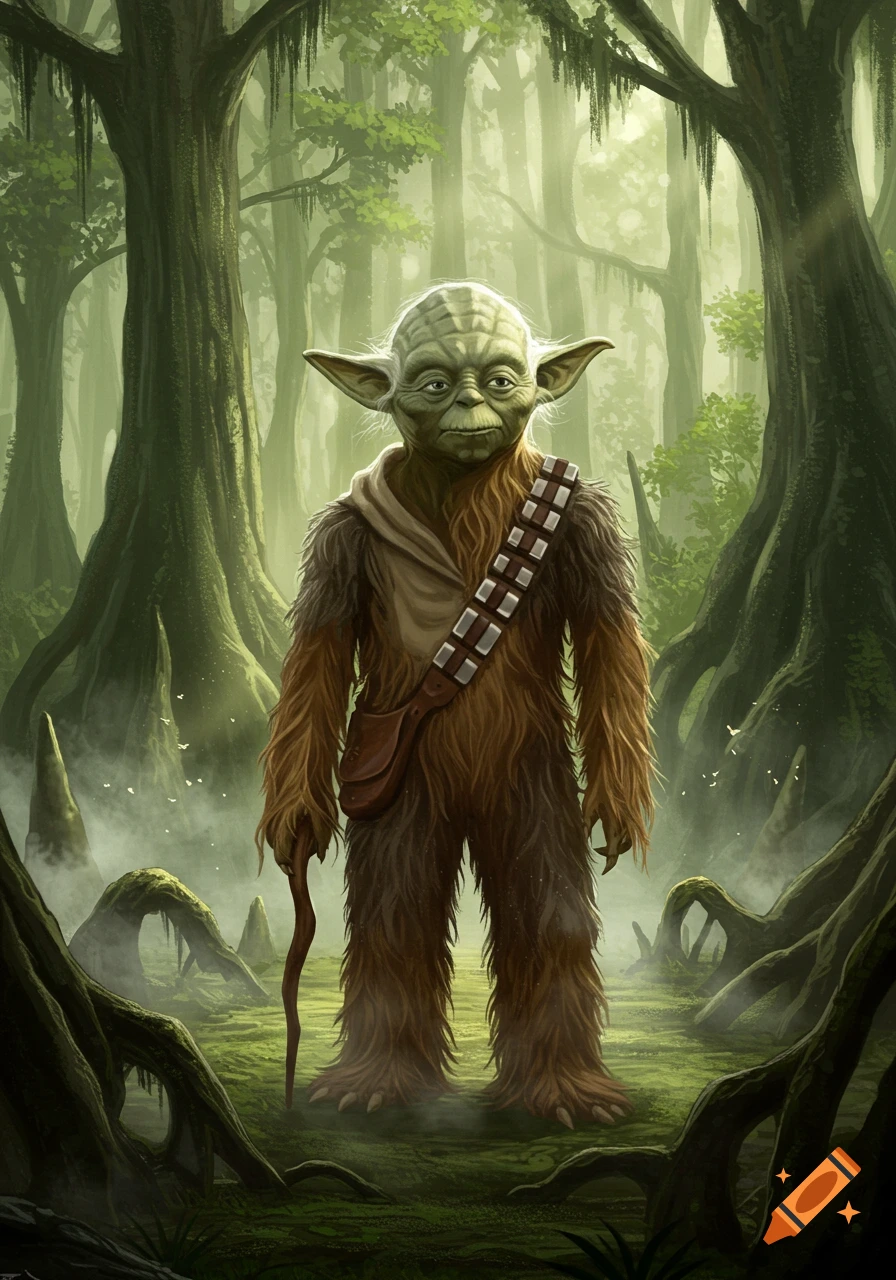 A hybrid creature with Yoda's head and Chewbacca's furry body stands in a misty, green swamp forest, holding a staff.
