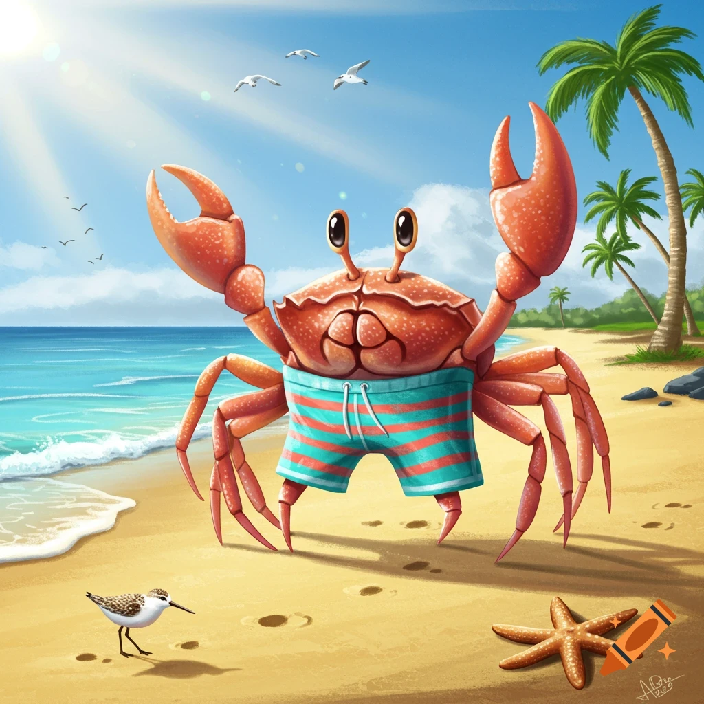 Cartoon crab in striped swim shorts on a sunny beach with palm trees, ocean, birds, a sandpiper, and a starfish.