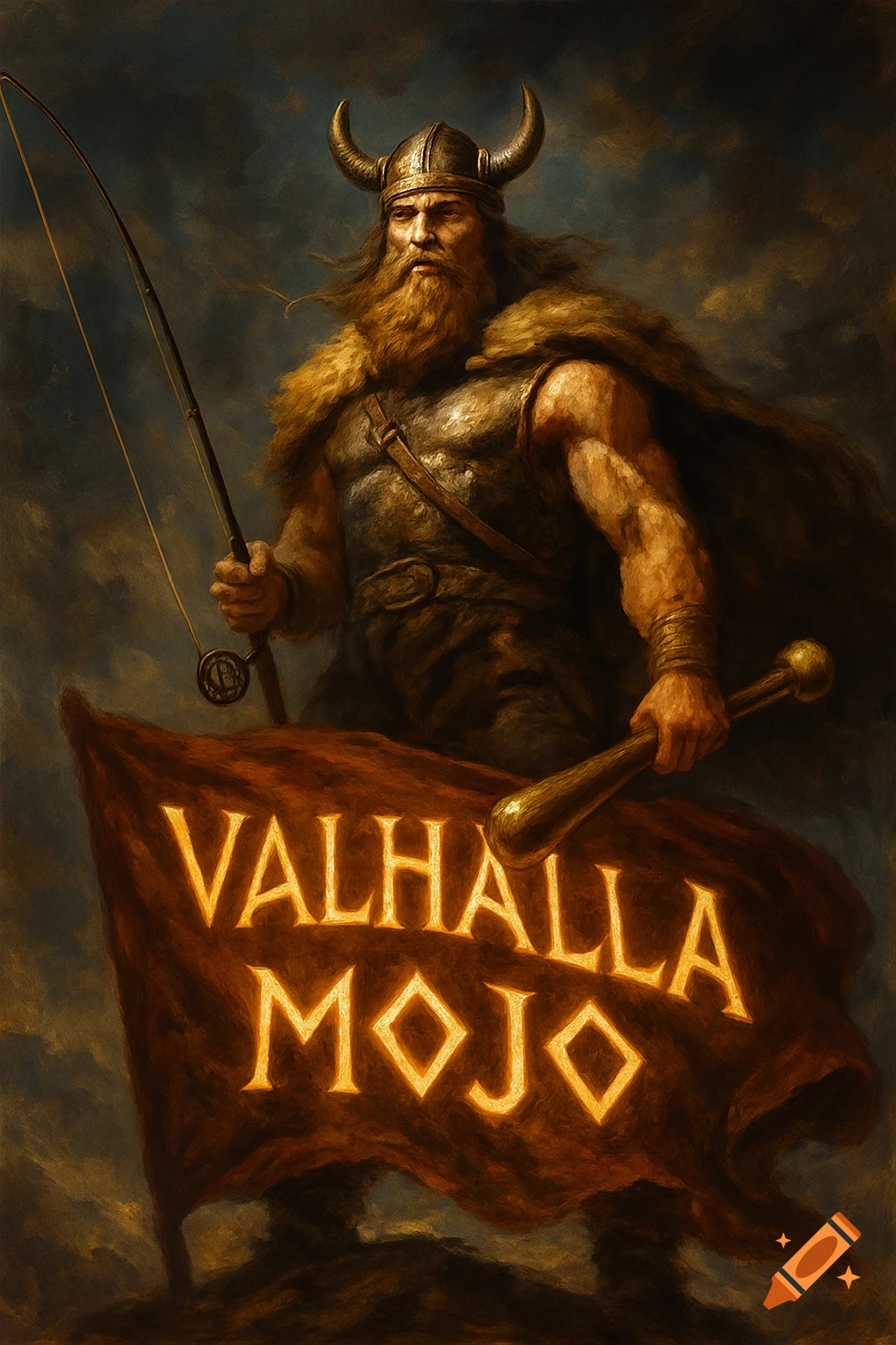 A muscular Viking in a horned helmet, holding a fishing rod and a club, stands before a flag with 'VALHALLA MOJO' written on it in a painterly style.