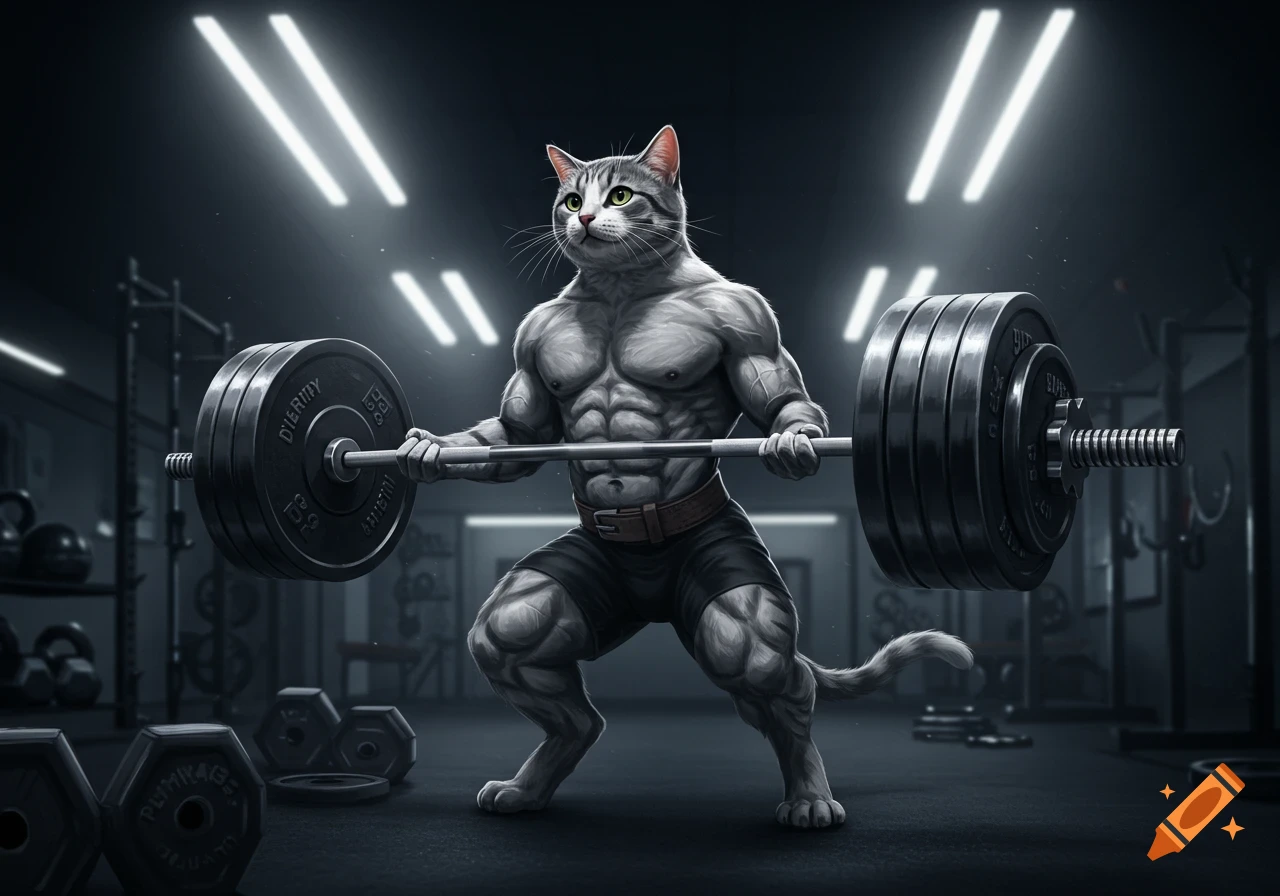 A muscular, anthropomorphic tabby cat in gym shorts and a belt performs a deadlift with a heavy barbell in a dimly lit gym.