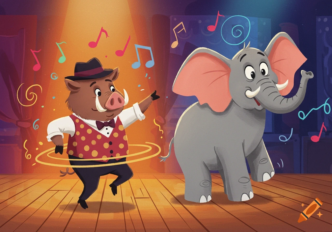 Cartoon wild boar in a vest and hat dancing on a stage next to a smiling elephant, with musical notes floating around.