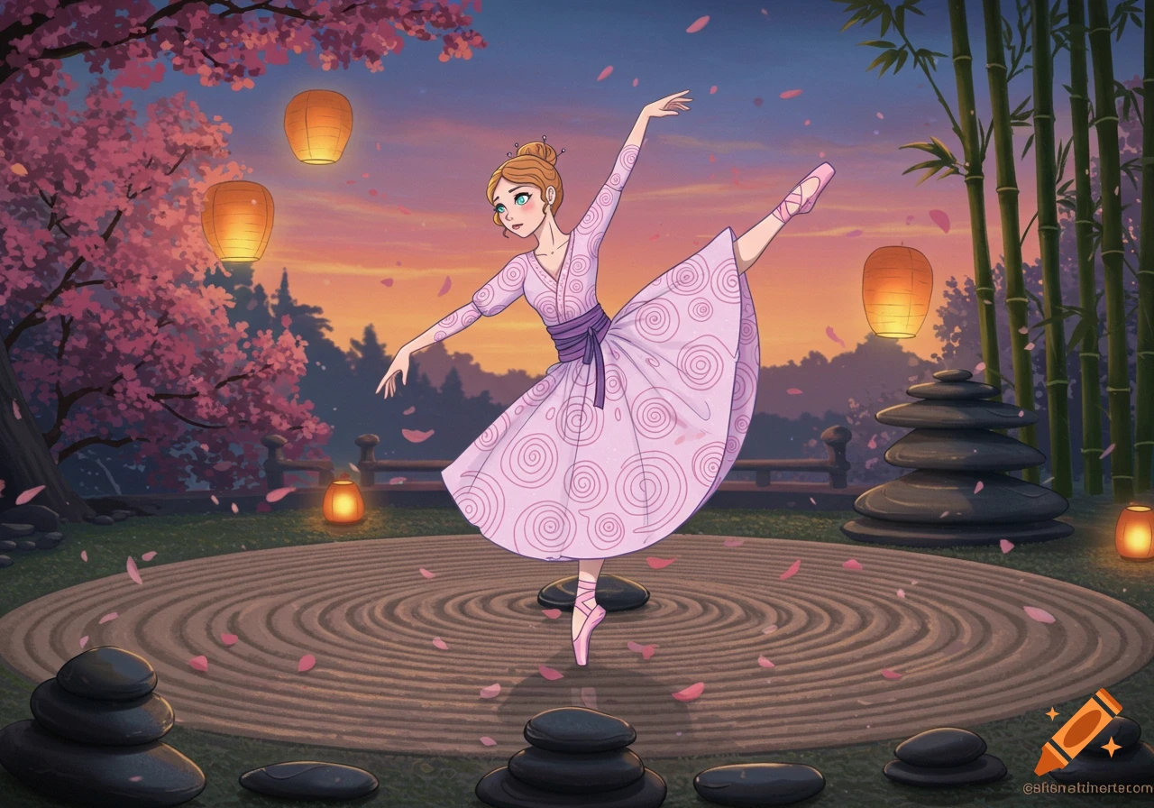 An anime-style ballerina in a pink dress with swirls dances en pointe in a serene Japanese garden with cherry blossoms, lanterns, and bamboo at sunset.