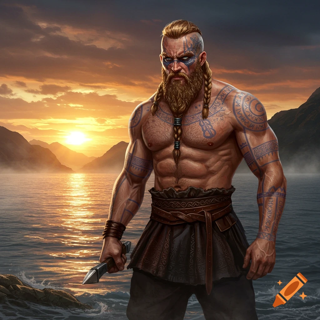 Muscular Viking warrior with blue tribal tattoos, braided beard, and a dagger, standing by a lake at sunset with mountains. Stylized art.