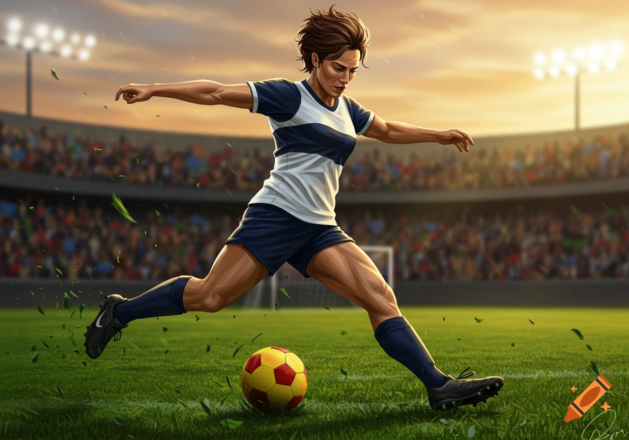 Illustrated woman soccer player in a blue and white uniform kicking a red and yellow ball on a stadium field at sunset.