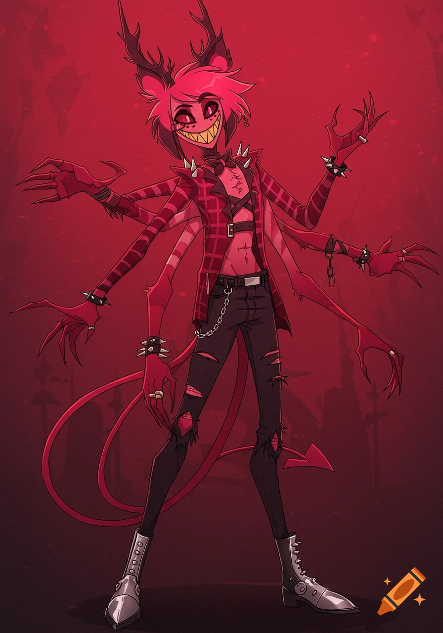 A multi-armed, antlered demon with sharp teeth and a wide grin, wearing ripped punk clothing and boots, against a red background in a Hazbin Hotel cartoon style.