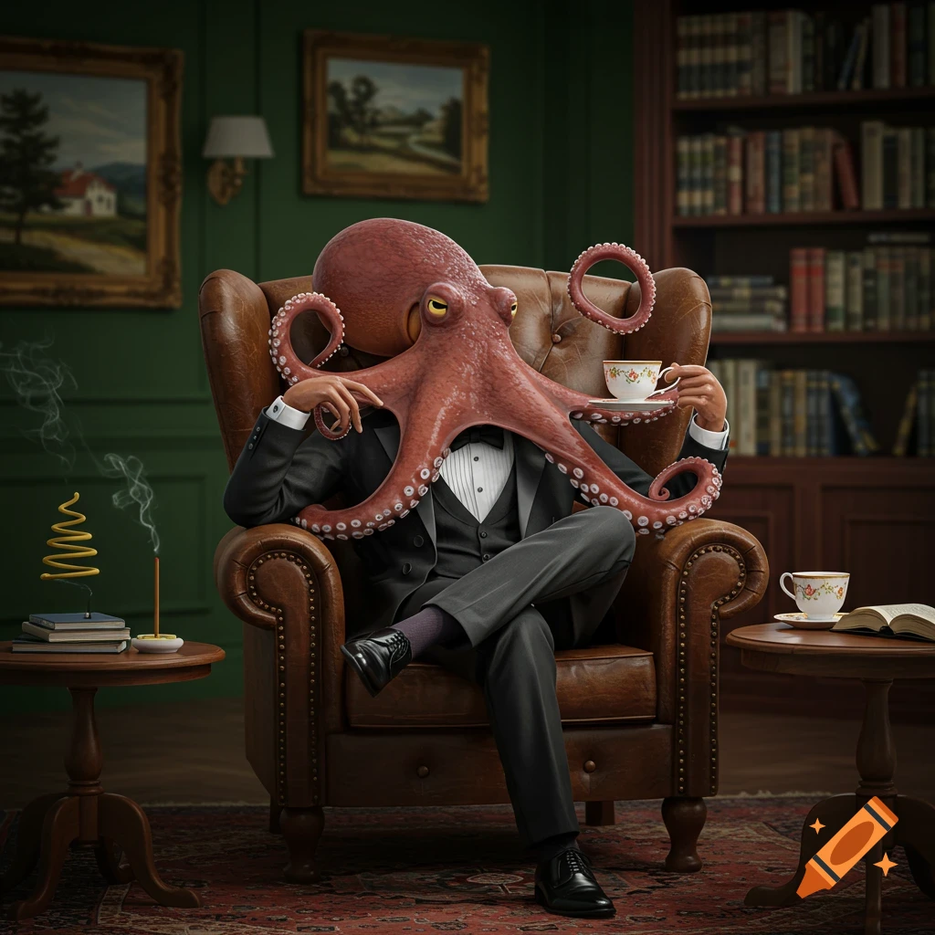 A photorealistic image of a dapper octopus in a tuxedo relaxing in a leather armchair in a wood-paneled study, holding a teacup.