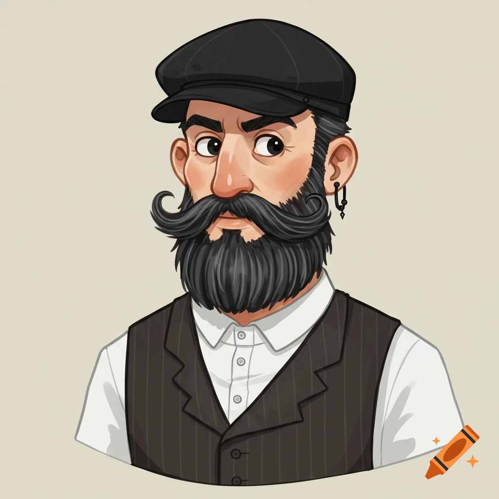 Cartoon illustration of a man with a large beard and mustache, wearing a black flat cap, white shirt, and pinstripe waistcoat.