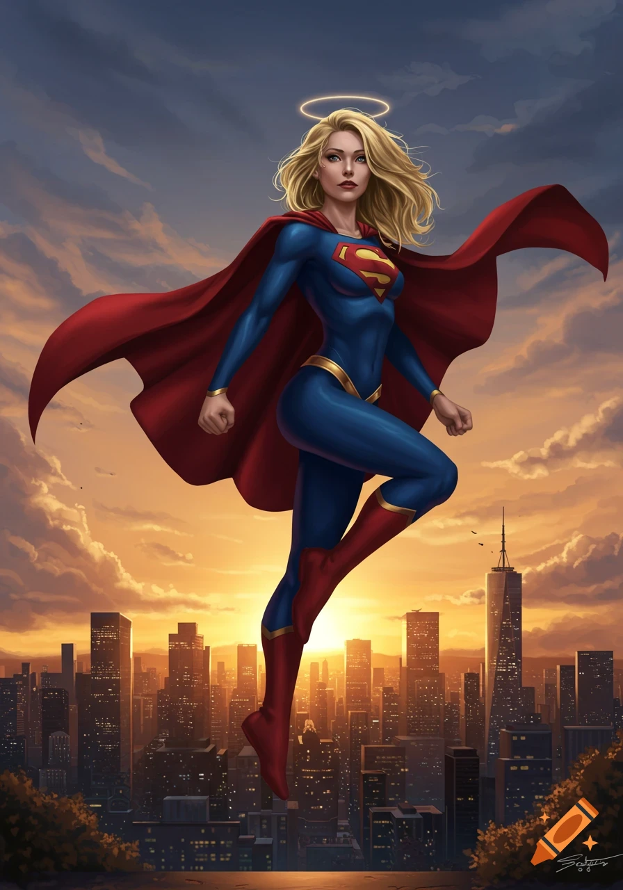 Supergirl, with blonde hair and a red cape, hovers above a city skyline at sunset in a vibrant comic art style.
