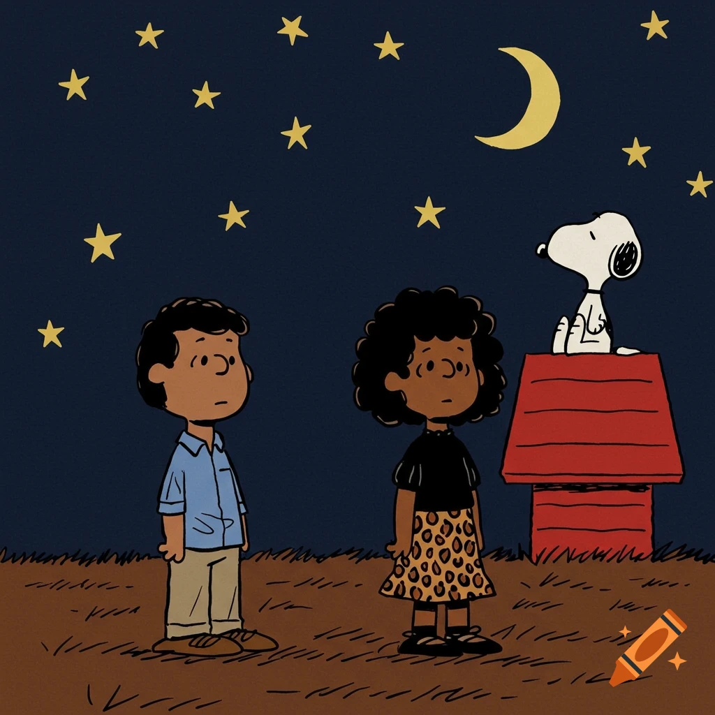 Two Peanuts-style children and Snoopy on his red doghouse look up at a starry dark blue night sky with a crescent moon.