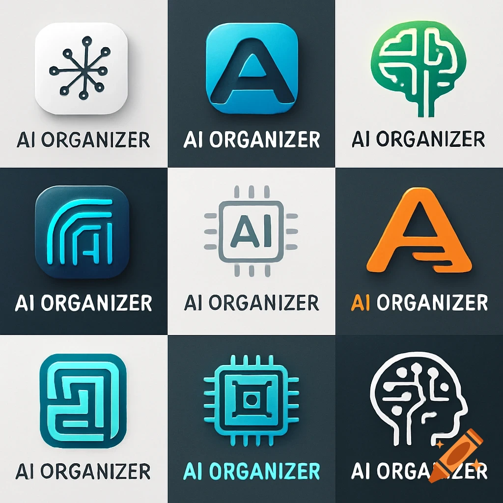 A grid of nine distinct app logos for an AI organizer, featuring symbols like brains, circuit boards, and the letter 'A'.