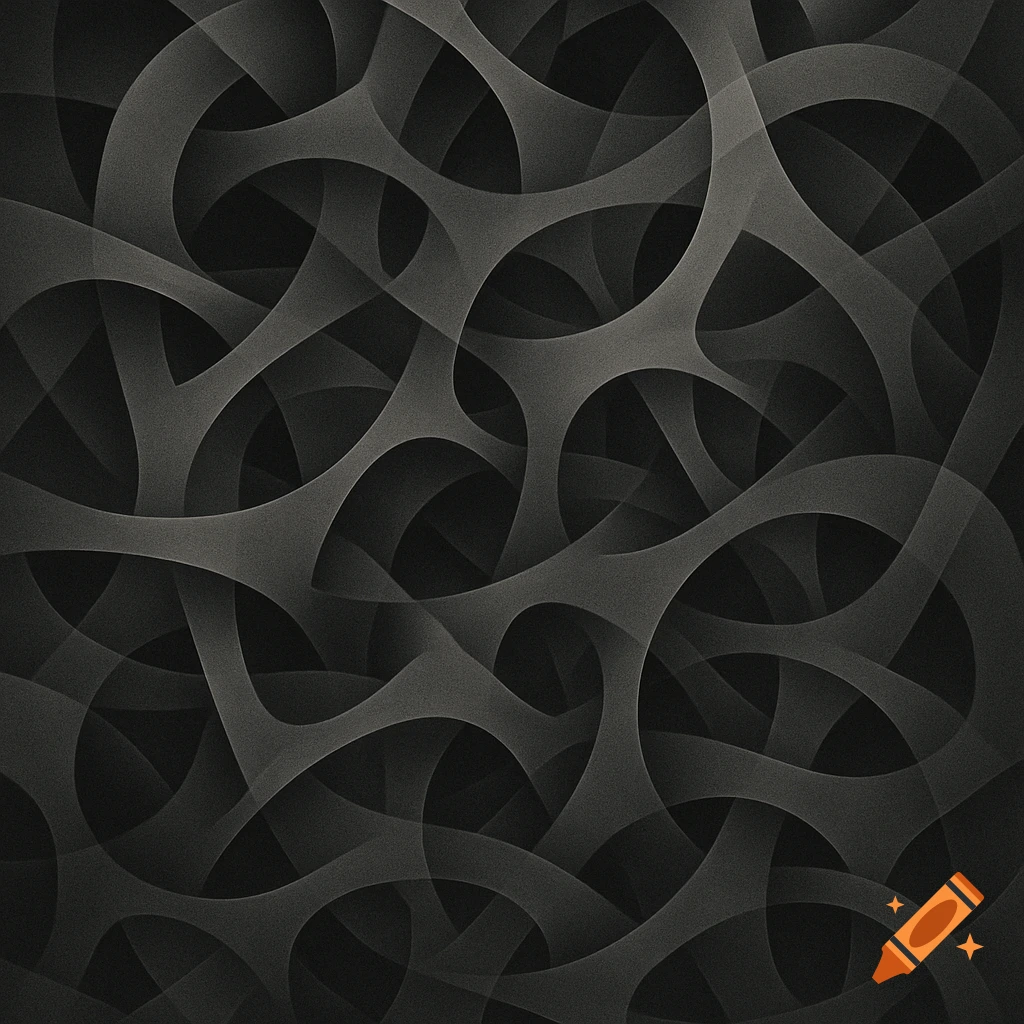 An intricate, dark gray abstract pattern of overlapping, translucent non-Euclidean shapes on a deep black background.