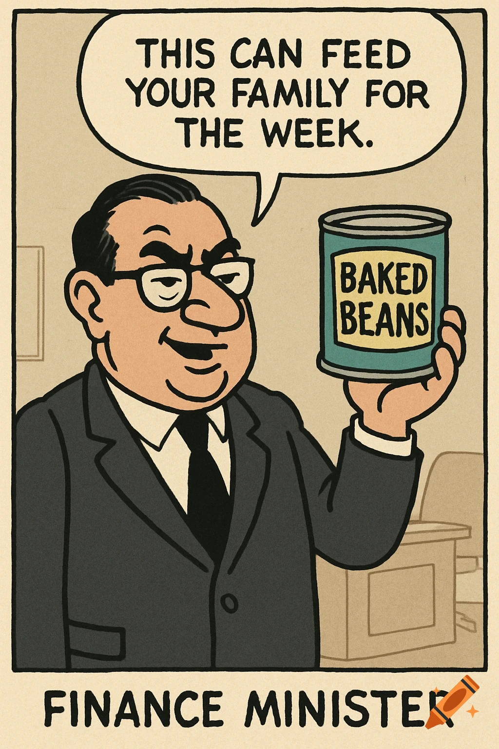 A satirical political cartoon of a finance minister holding a can of baked beans. A speech bubble reads, "This can feed your family for the week."