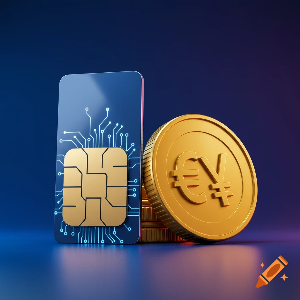 Graphic rendering of a blue SIM card with circuitry next to gold coins with the Yen/Yuan symbol.
