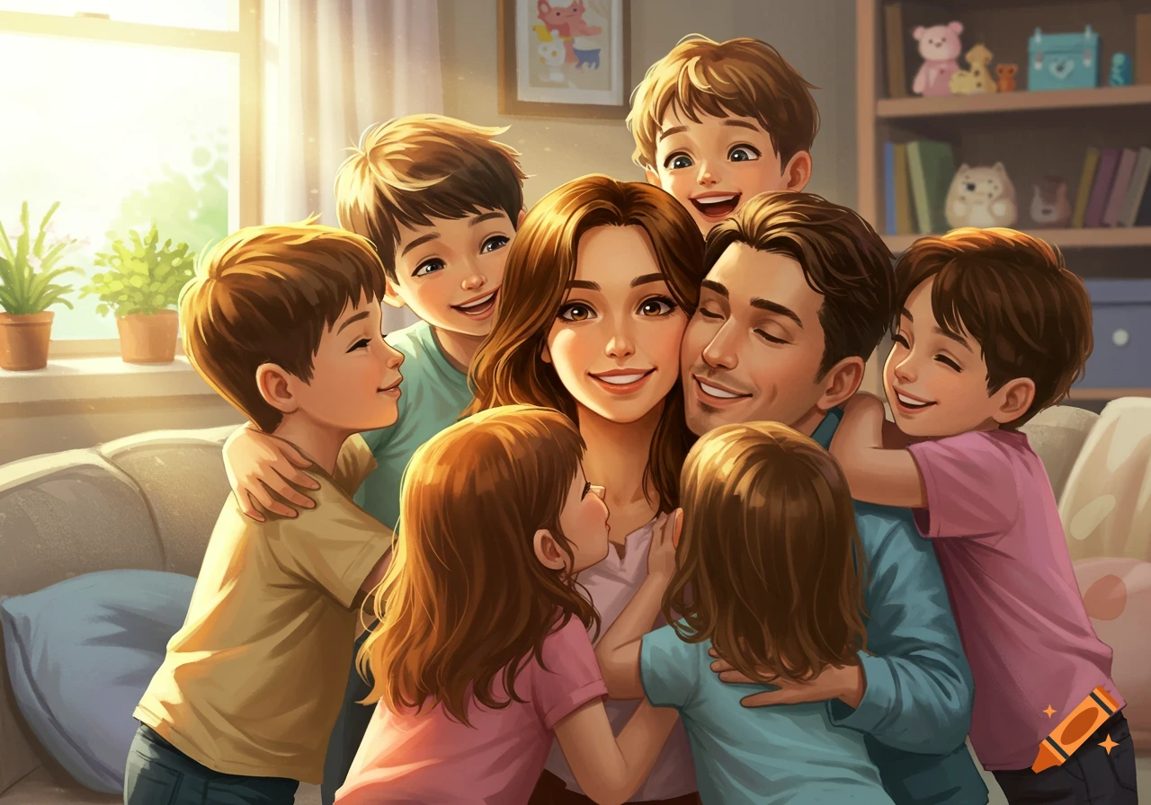 A warm illustration of a happy family, with parents and several children embracing and smiling in a sunlit living room.