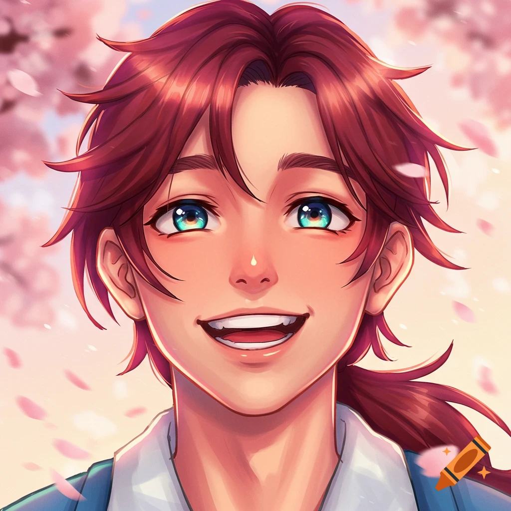 Manga style portrait of a smiling person with red hair and blue eyes, set against a background of pink cherry blossoms.