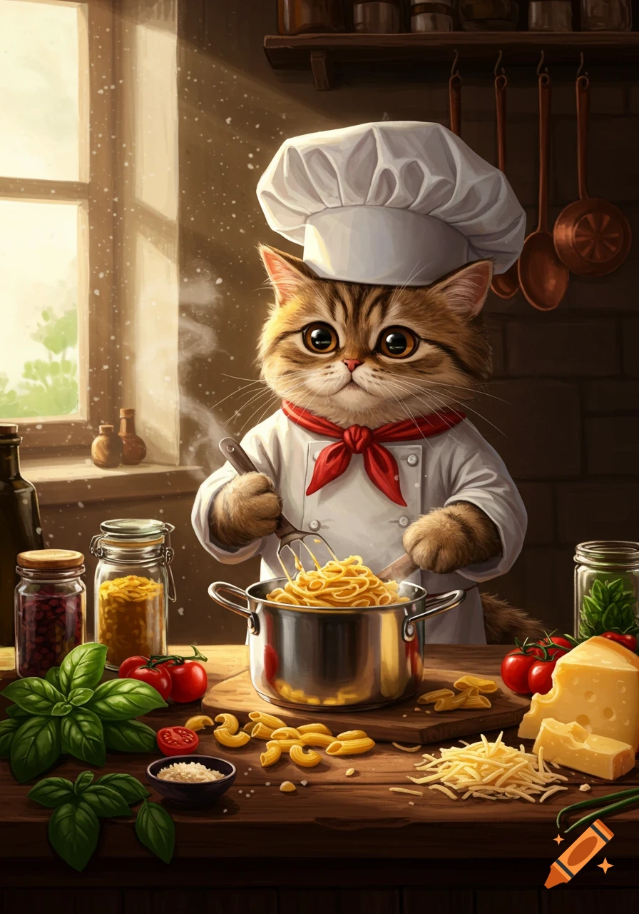 A cute tabby cat wearing a chef's hat and apron stirs spaghetti in a pot on a rustic kitchen counter with ingredients.