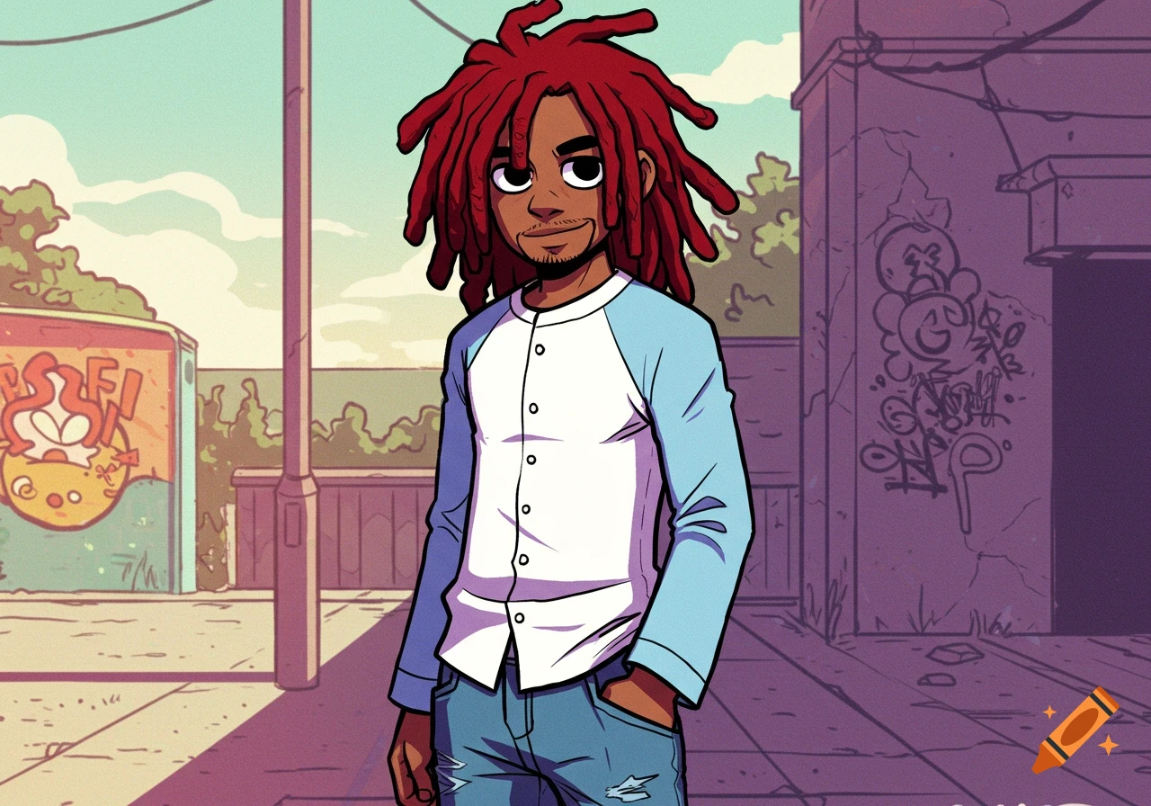 An anime-style black man with red dreadlocks, a white shirt with light blue sleeves, and jeans, stands on an urban street with graffiti.