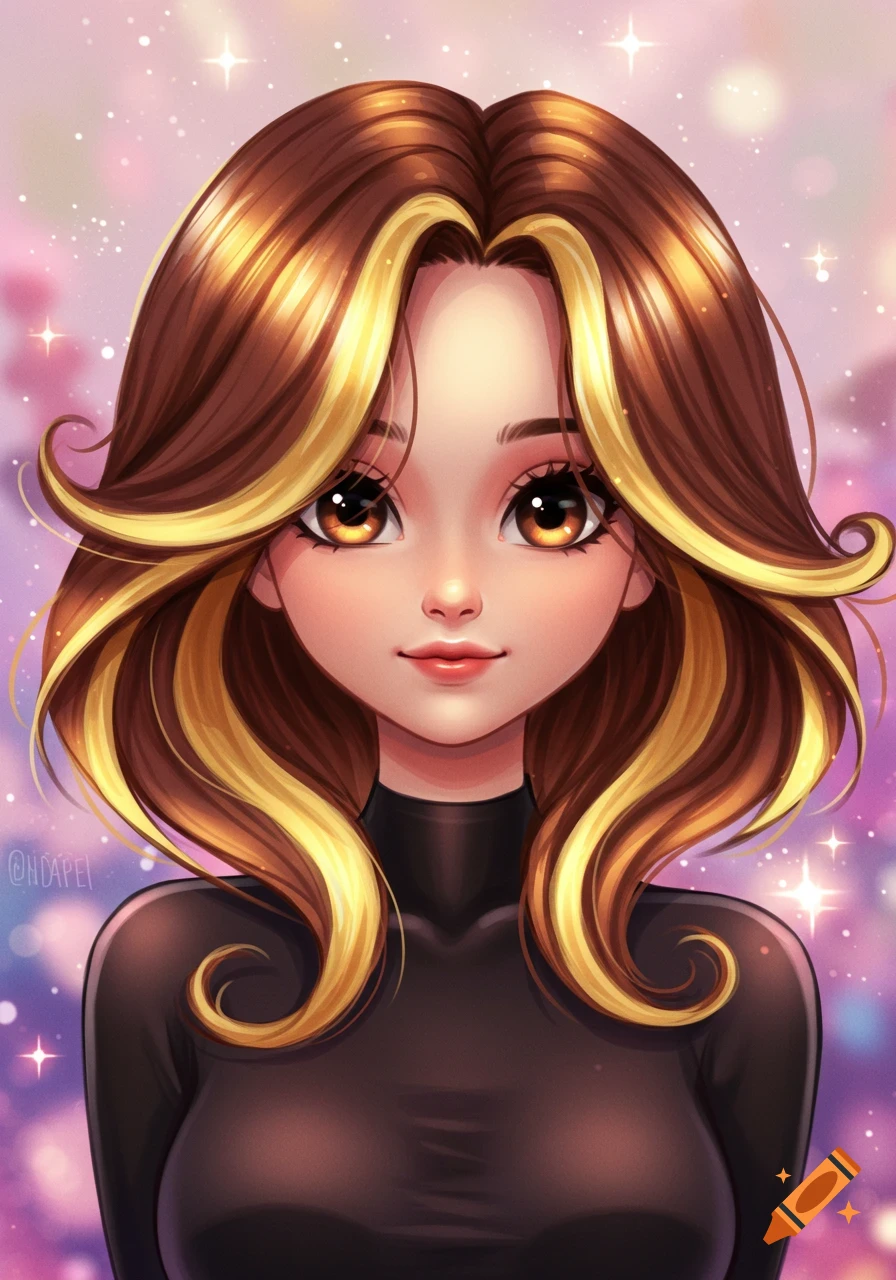 Anime girl with brown hair, blonde highlights, big brown eyes, and a black turtleneck against a sparkly, colorful background.
