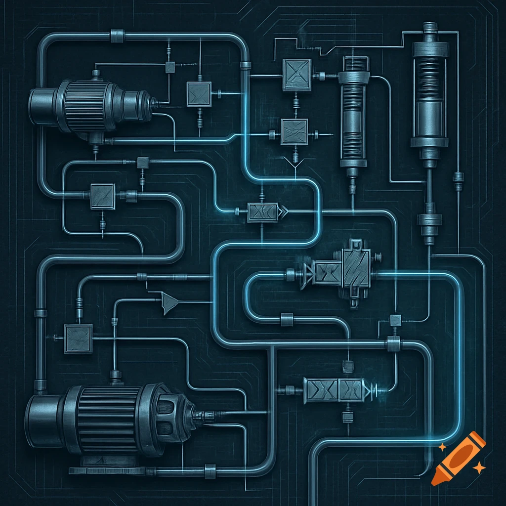 An intricate dark engineering schematic with glowing blue pipes connecting various metallic mechanical components.