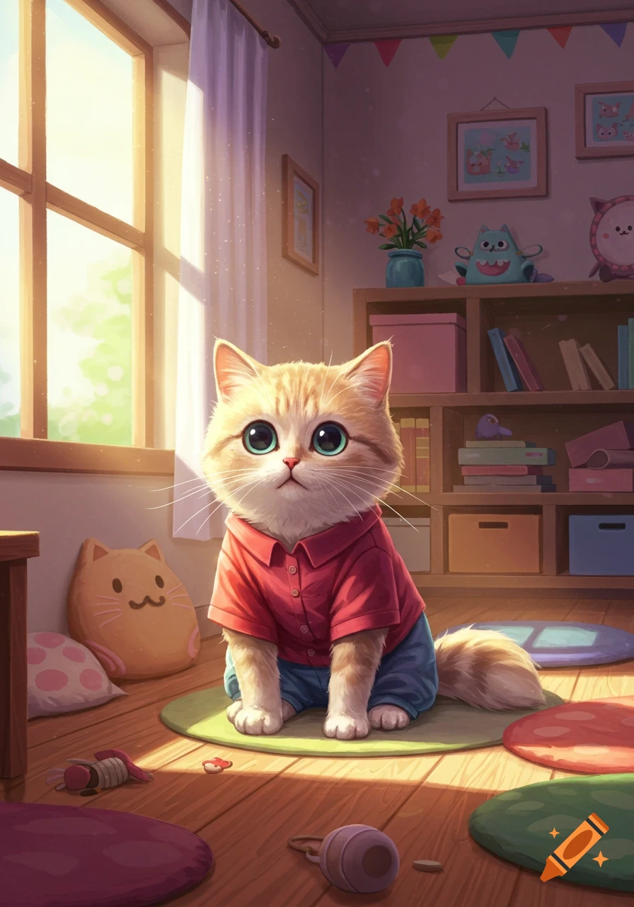 A cute, fluffy orange cat wearing a red shirt and blue pants sits on a rug in a sunlit room with bookshelves.