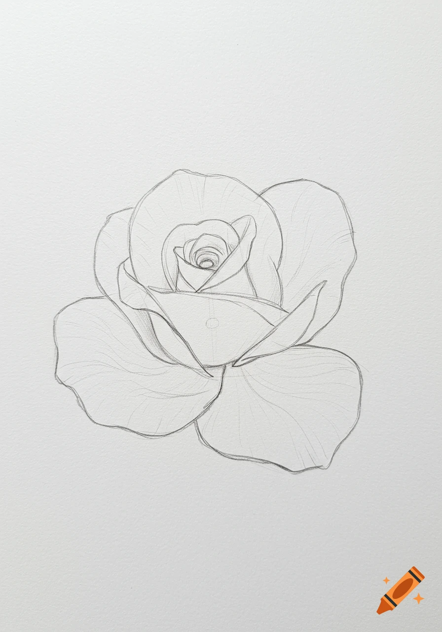 Pencil sketch of a single rose with overlapping petals on white paper.