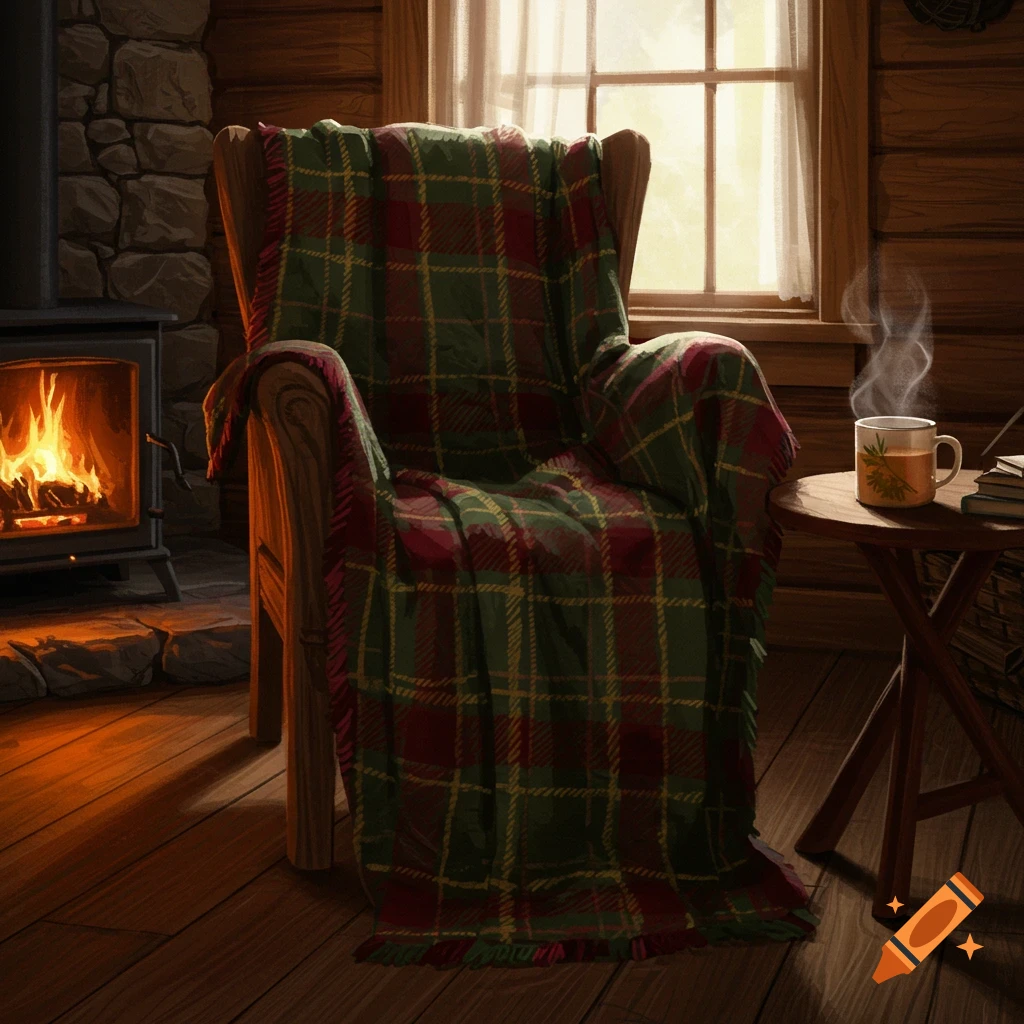 A cozy cabin interior with a plaid blanket draped over an armchair next to a warm fireplace and a steaming mug of tea on a side table.