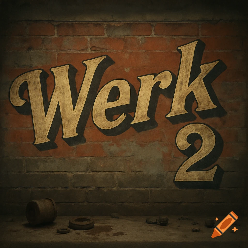 Vintage-style 'Werk 2' lettering painted on a brick wall with rusty objects on a concrete ledge, resembling a pre-war garage.