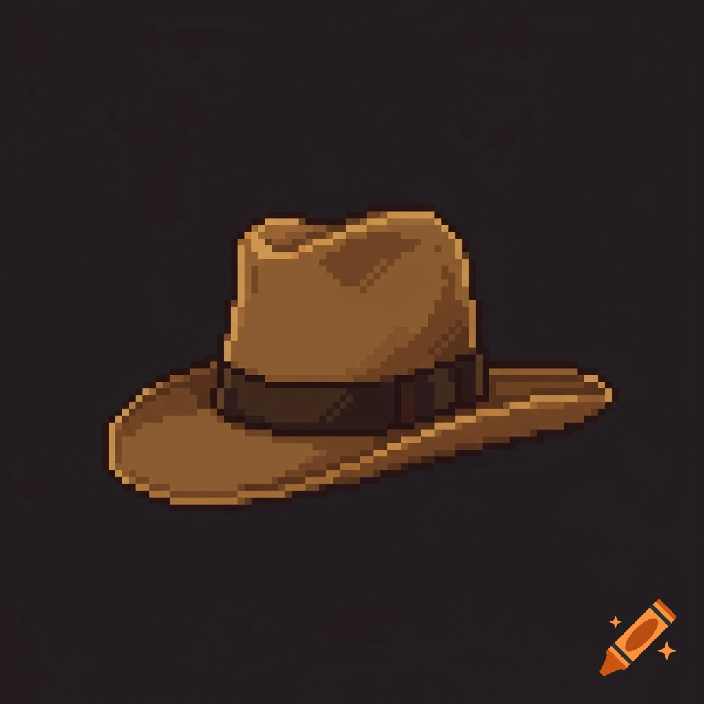 A brown pixel art fedora-style hat on a dark background.