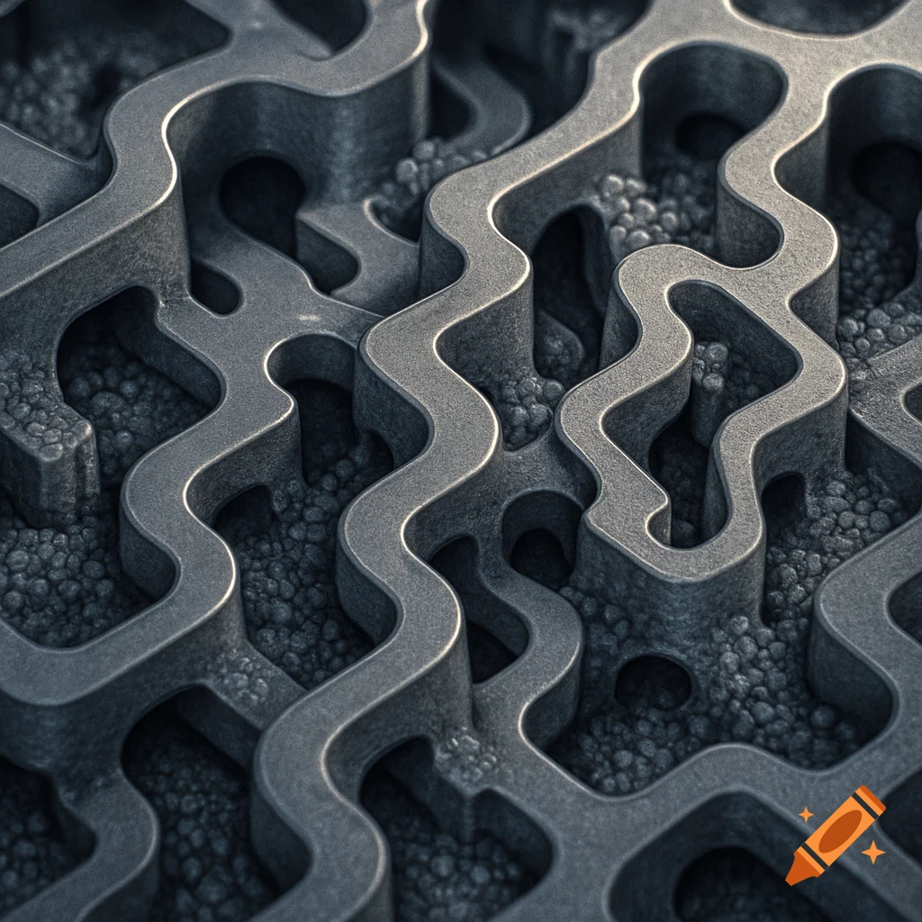 Close-up of intricate metal structures resembling a microscopic maze or circuit board with a textured background.