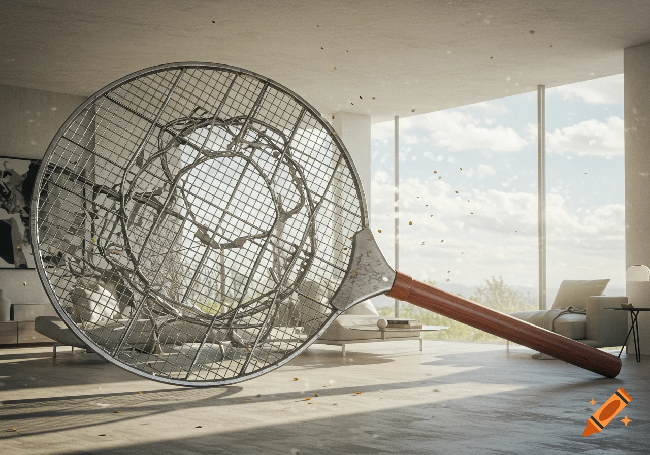 A giant flyswatter with a wooden handle and metal mesh screen in a modern, minimalist living room.